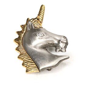 Vintage Two Tone Unicorn Metal Pin Brooch Horse Gold Silver